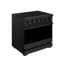 Black electric range with smooth cooktop, closed oven door, and front control panel.