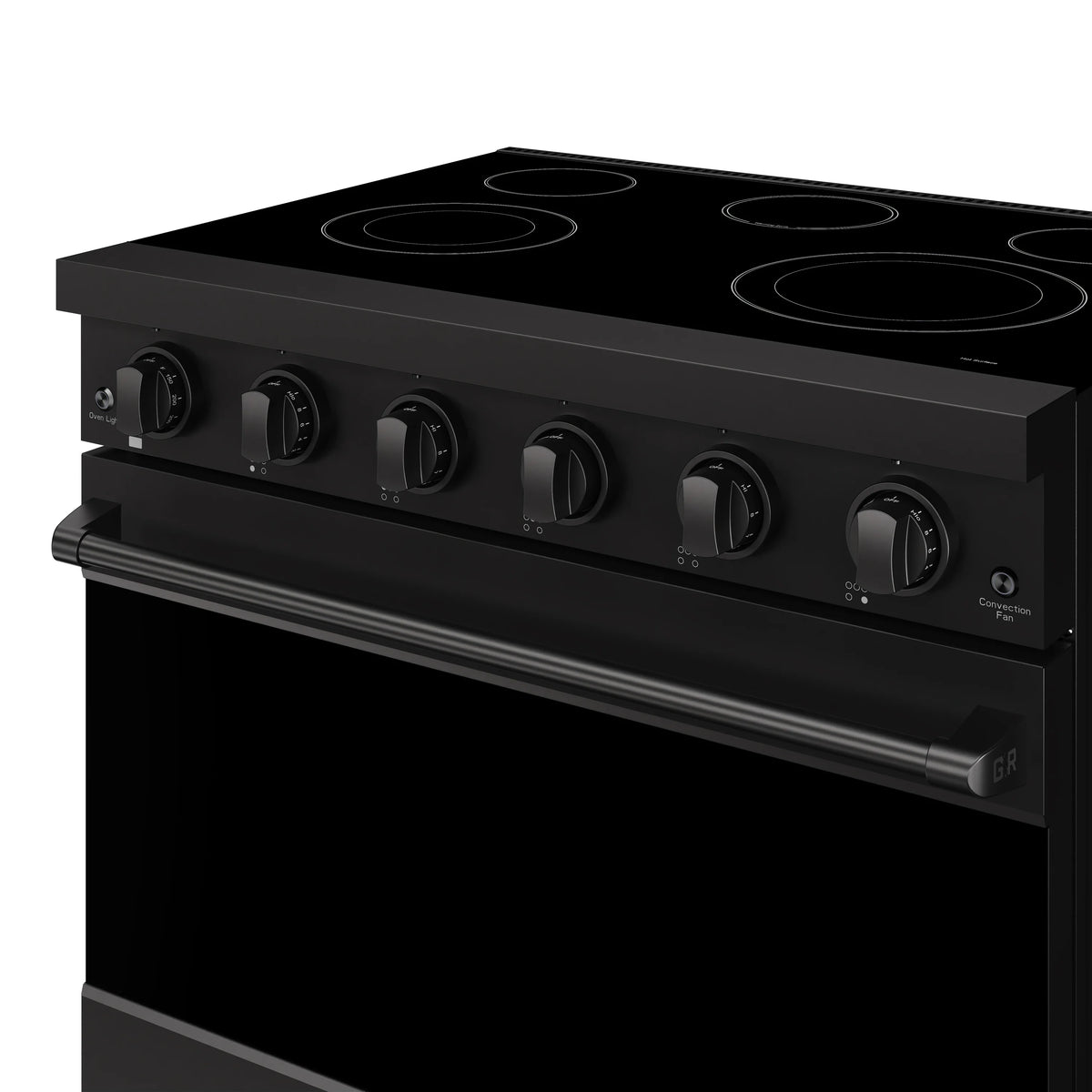 Black electric range showing control knobs and smooth cooktop above closed oven door.