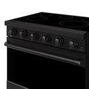 Black electric range showing control knobs and smooth cooktop above closed oven door.