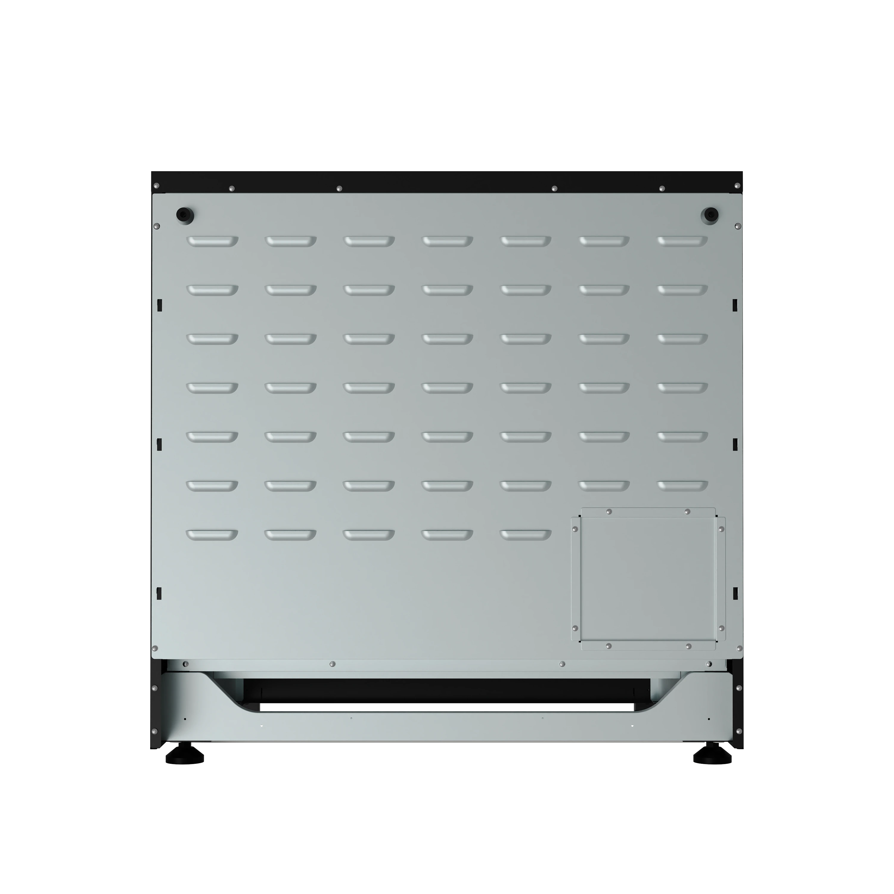 Stainless-lined oven interior panel with louvered vents and mounting hardware