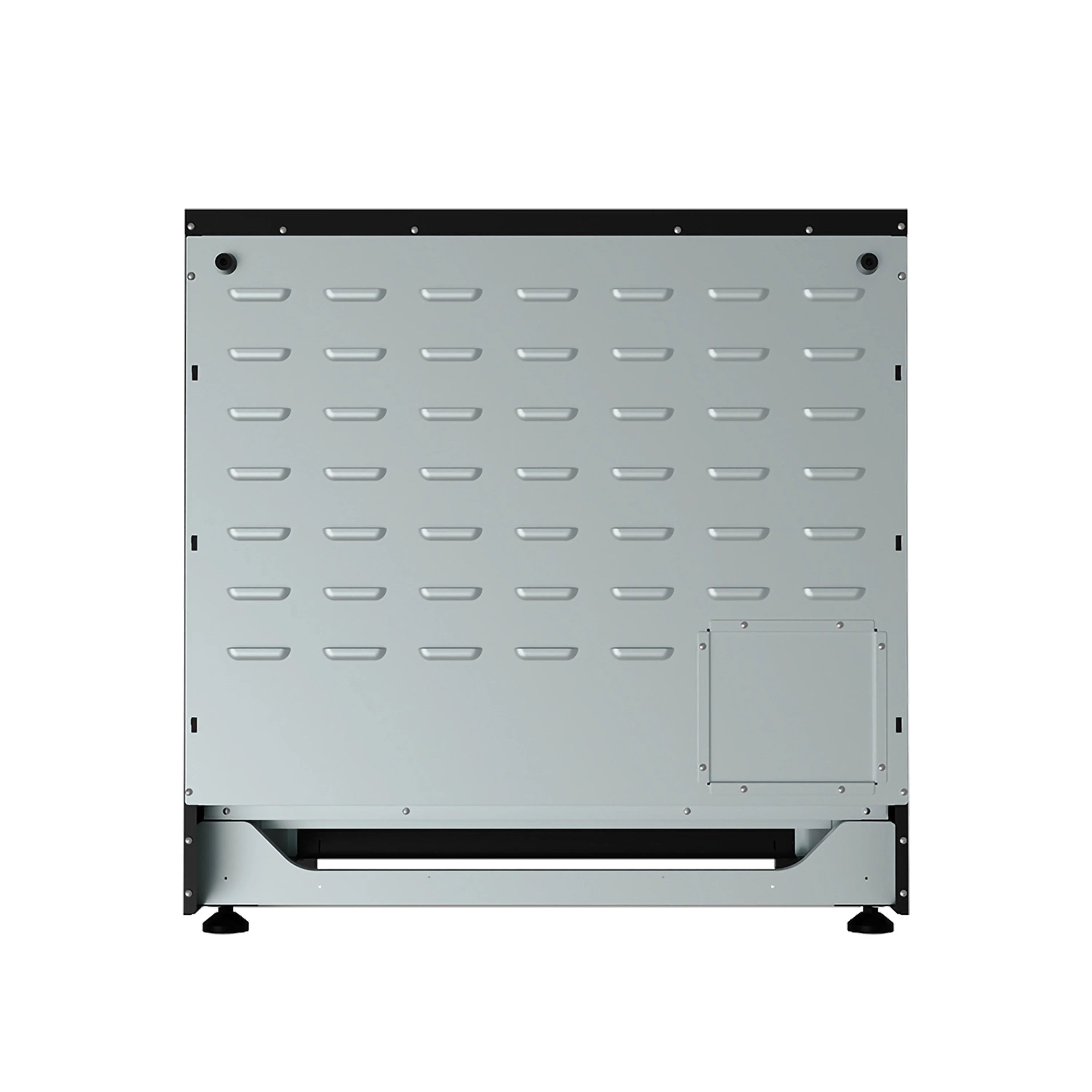 Underside view of black electric range oven cavity with vented metal panel.