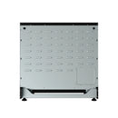 Underside view of black electric range oven cavity with vented metal panel.