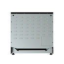 Underside of a black electric range showing metal vent panels and mounting feet