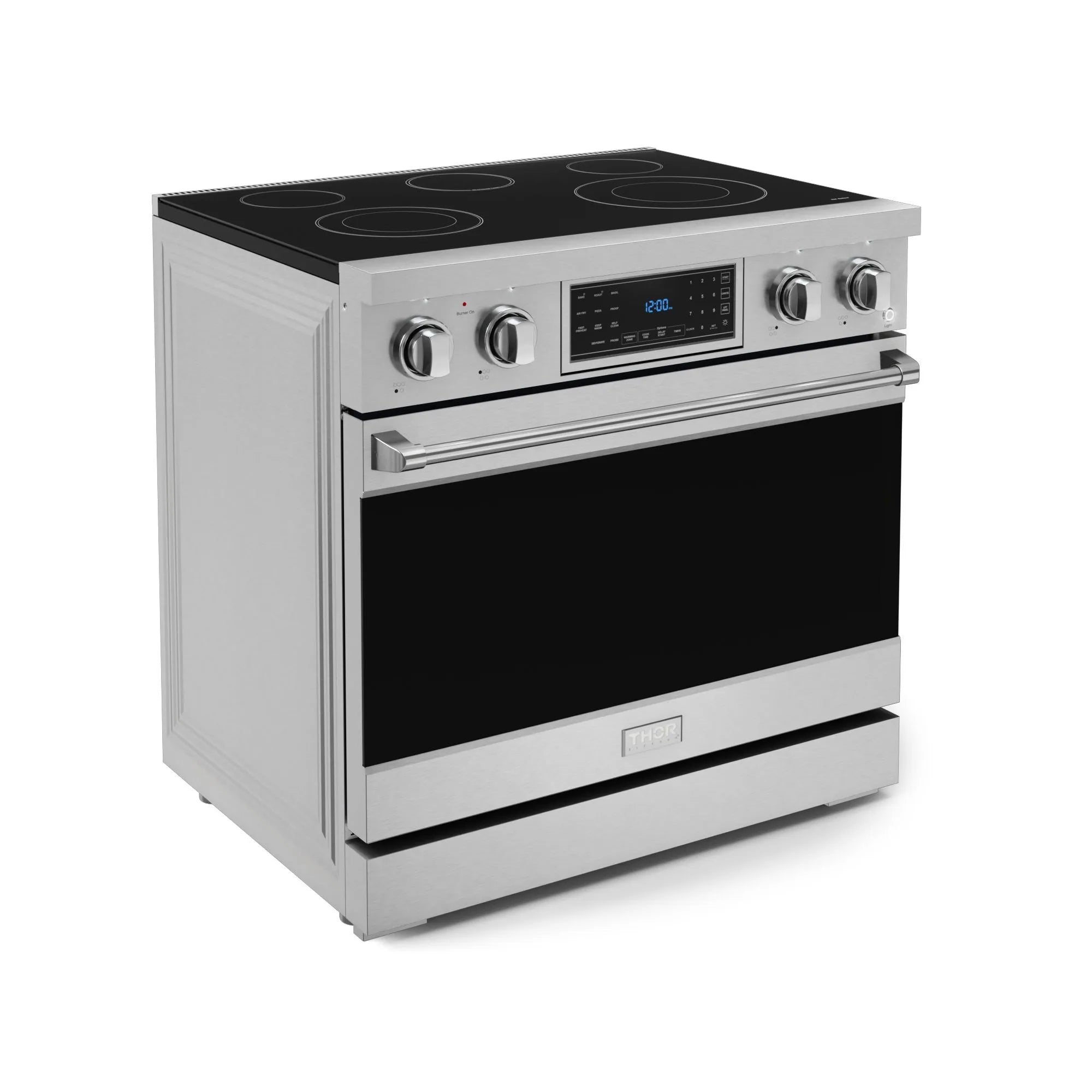 Stainless steel 36-inch electric range with black glass cooktop and front controls