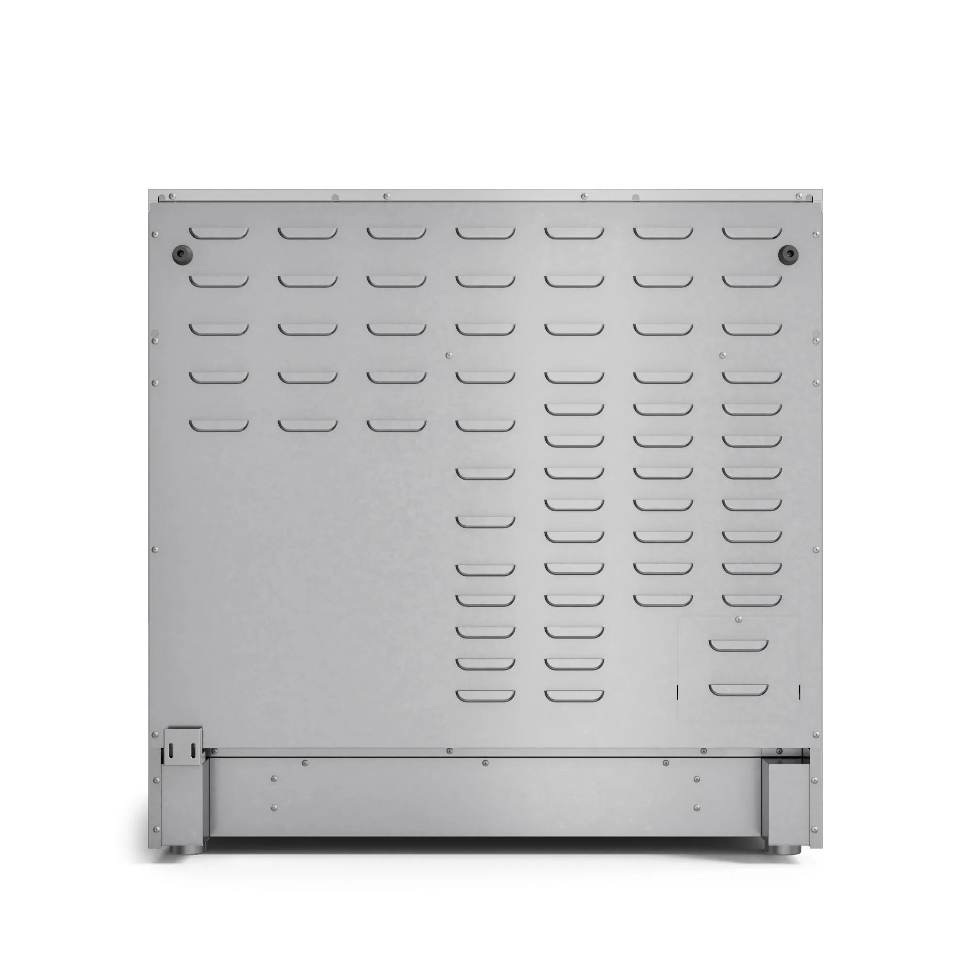 Oven cavity back panel with metal rack supports and vented airflow slots