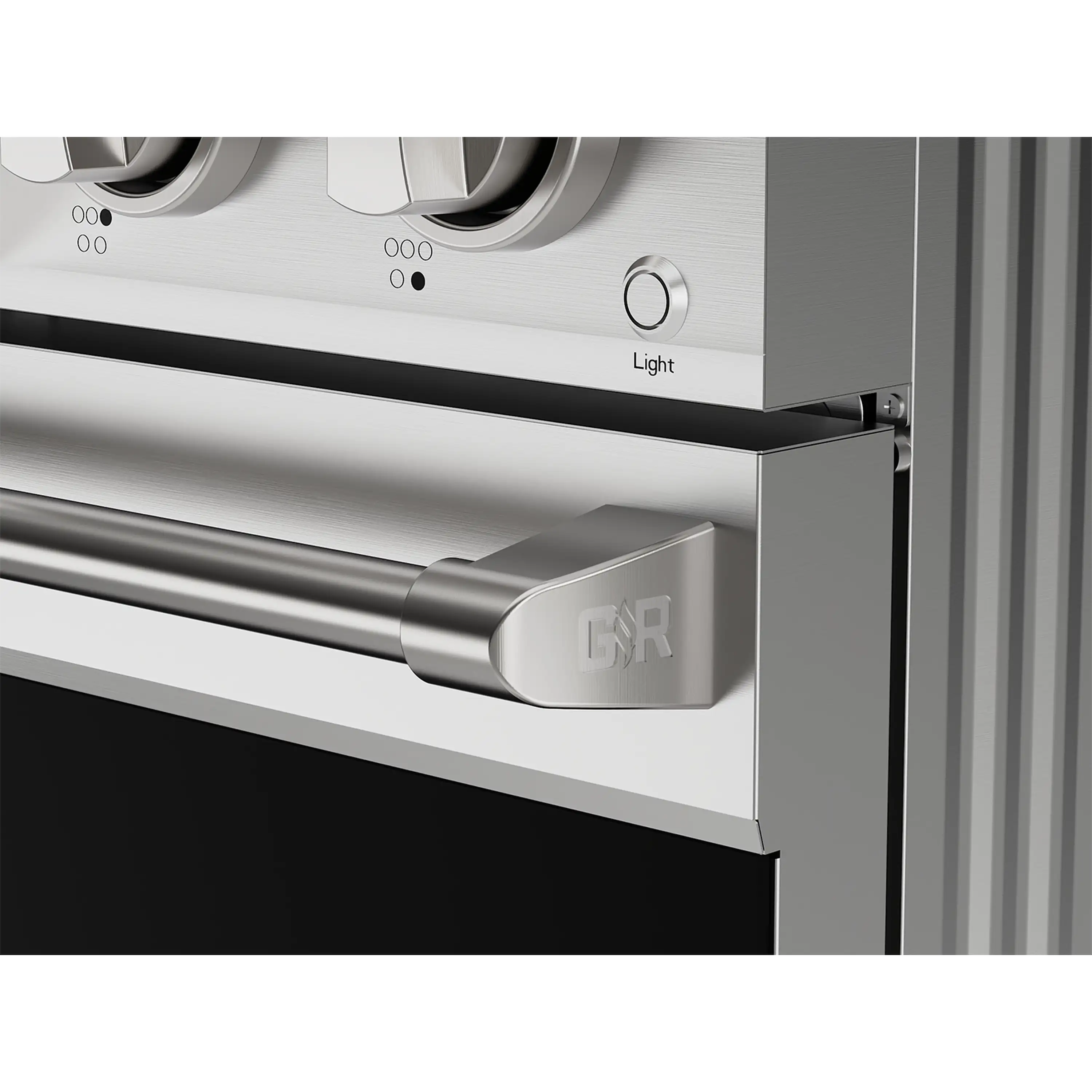 Stainless oven handle with GR logo and adjacent light control label