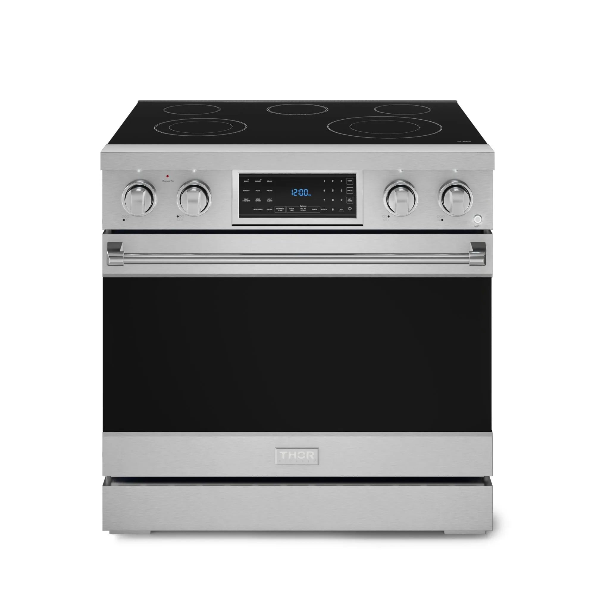 Stainless steel 36-inch electric range with black cooktop and oven door closed