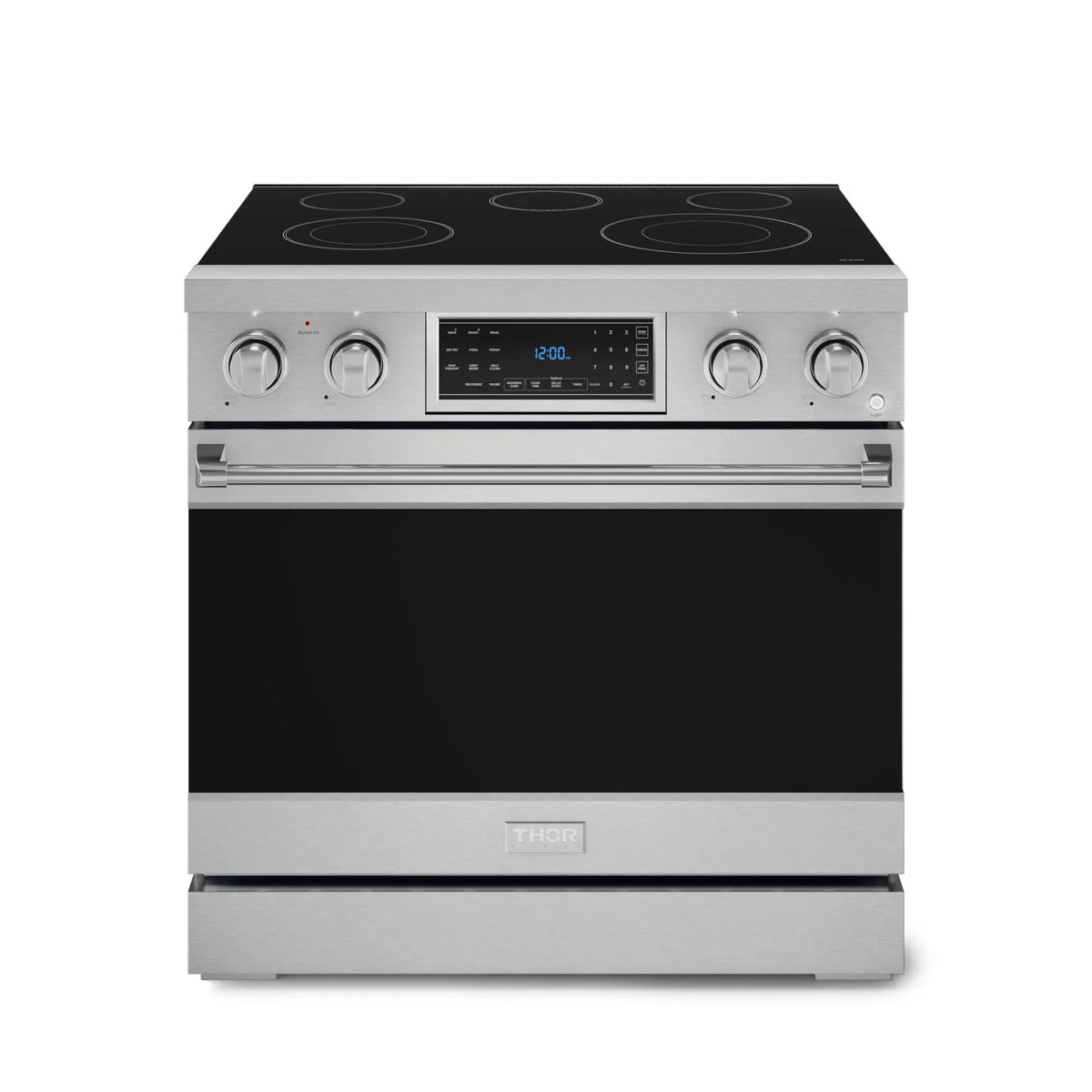 Stainless steel 36-inch electric range with black cooktop and oven door closed