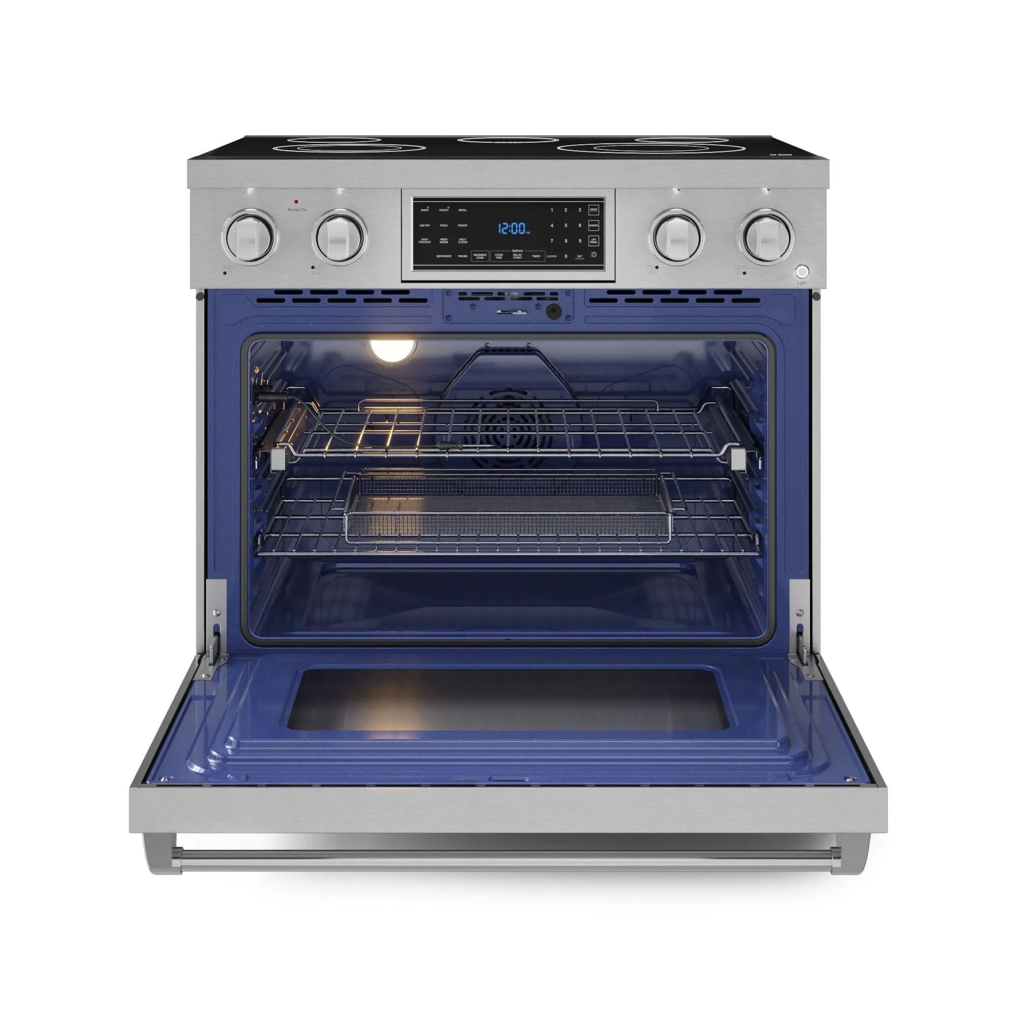 Open electric oven with blue interior, racks, and visible heating elements