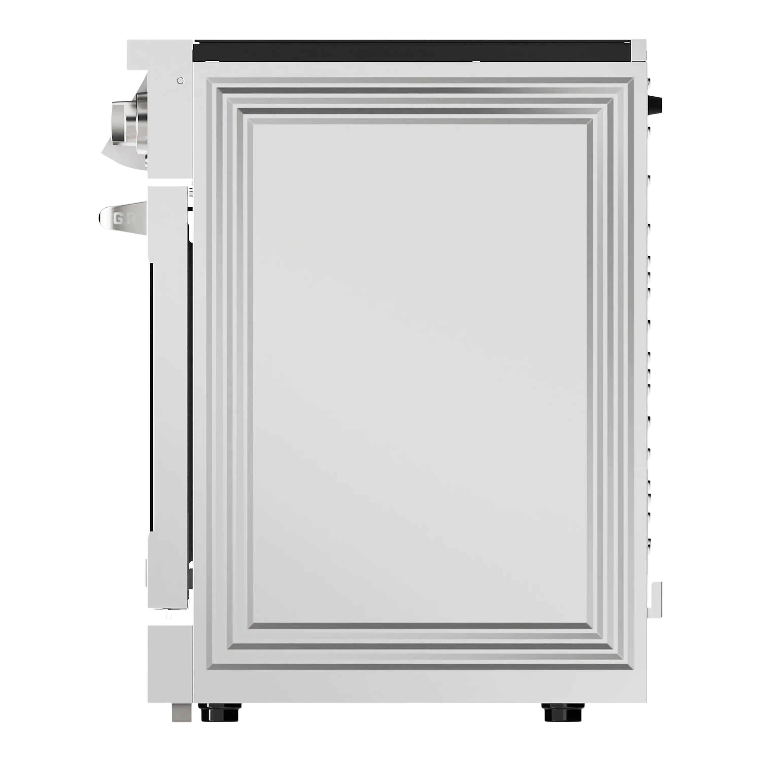 Stainless steel refrigerator with decorative front panel and side access areas