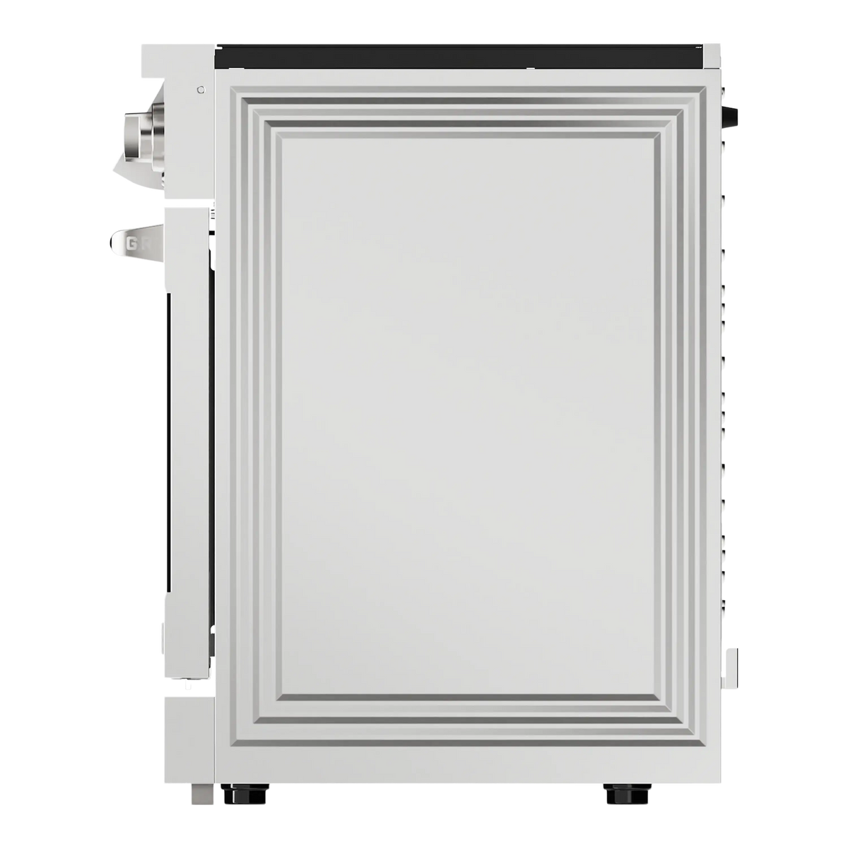 Stainless electric range back panel view with framed edges and side connections
