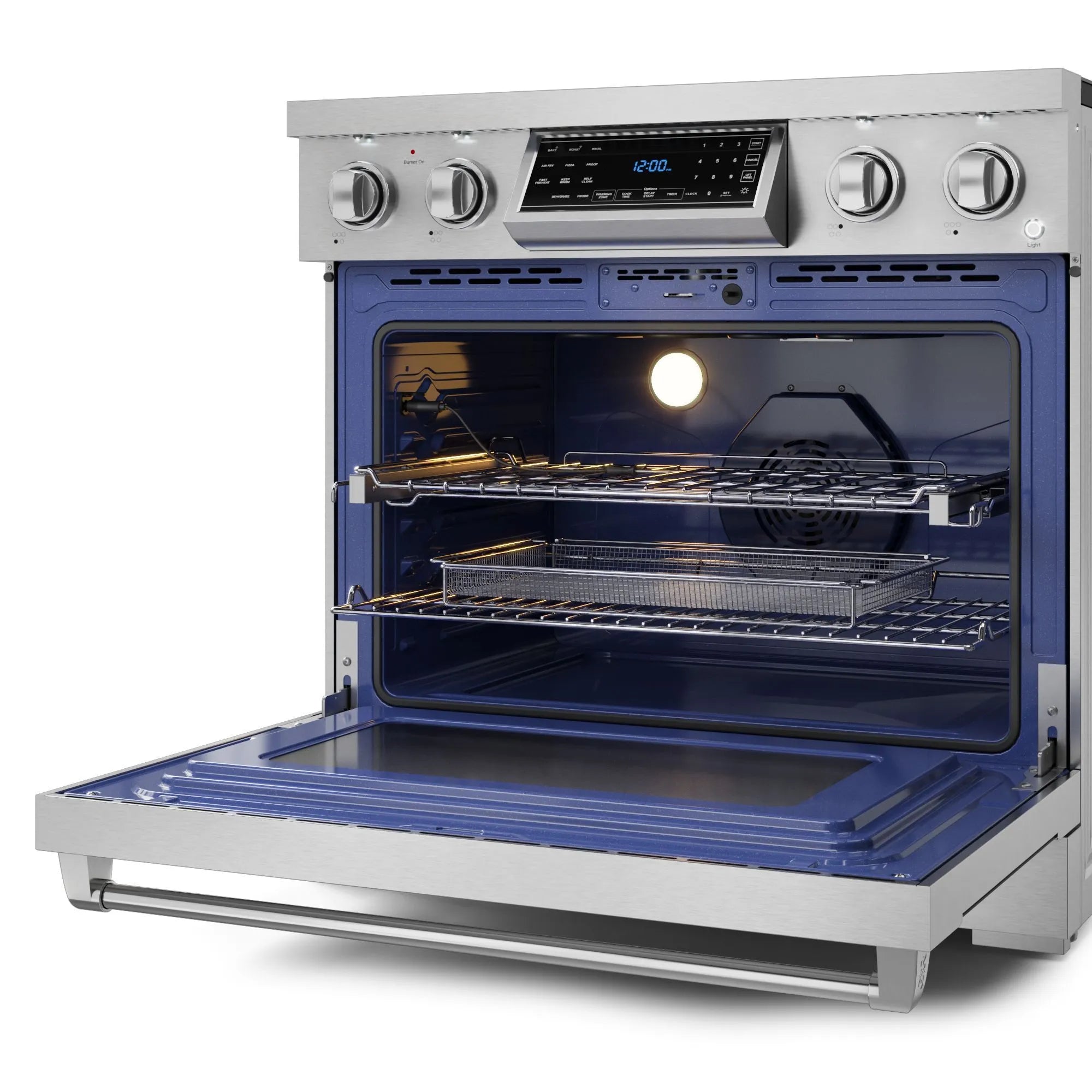 Open electric oven with racks and cooking cavity, interior light on