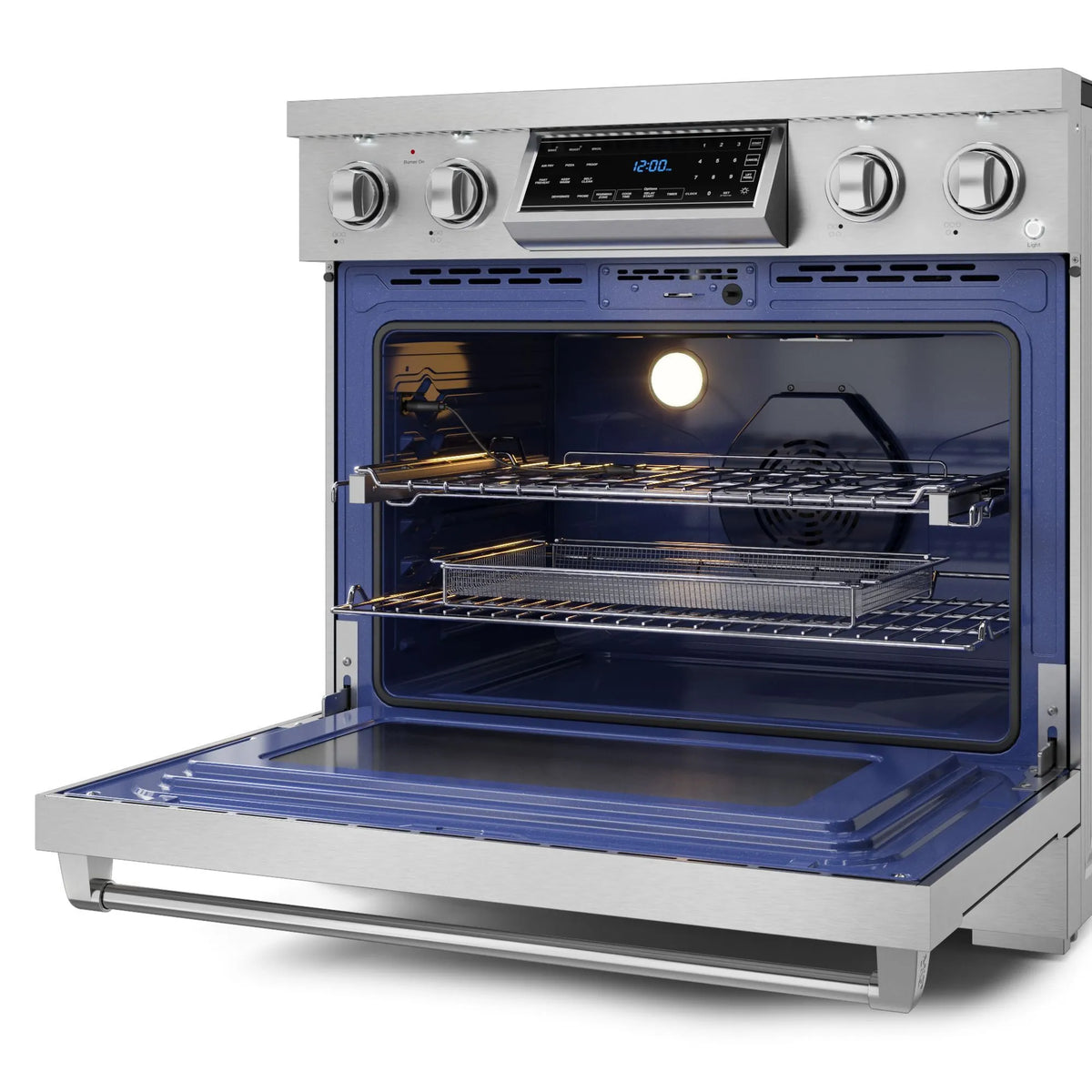 Open electric oven with racks and cooking cavity, interior light on