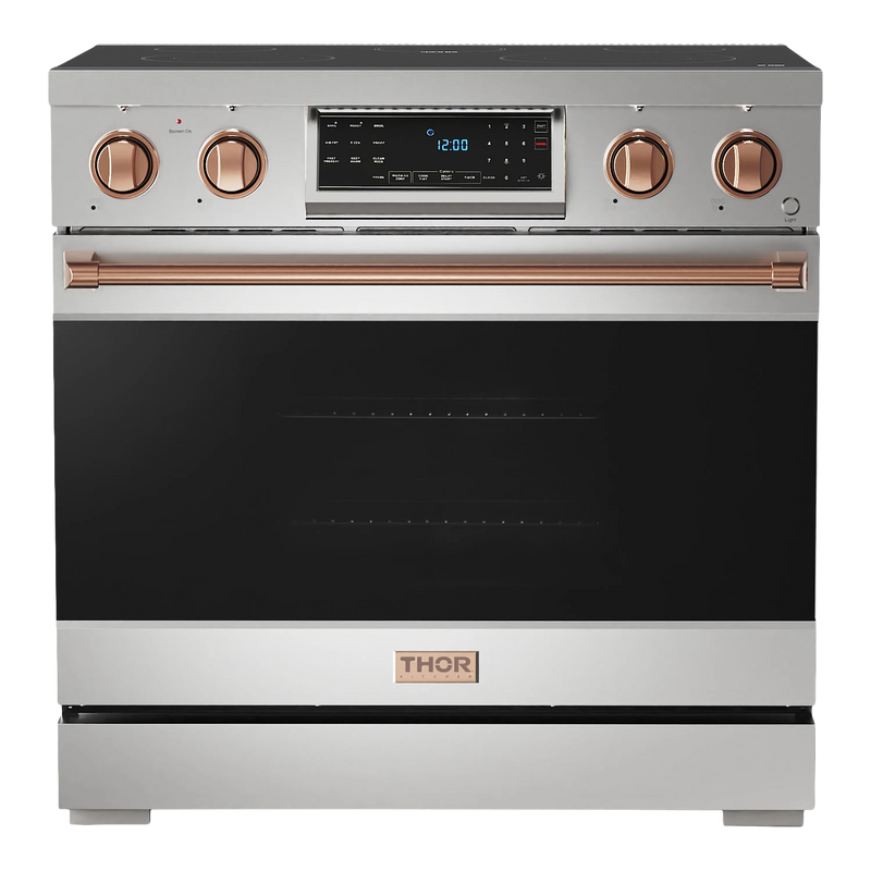 Thor Kitchen Gordon Ramsay 3-Piece Appliance Package - 36-Inch Electric Range with Tilt Panel Touch Control, 36-Inch Refrigerator, and Dishwasher in Stainless Steel with Rose Gold Trim