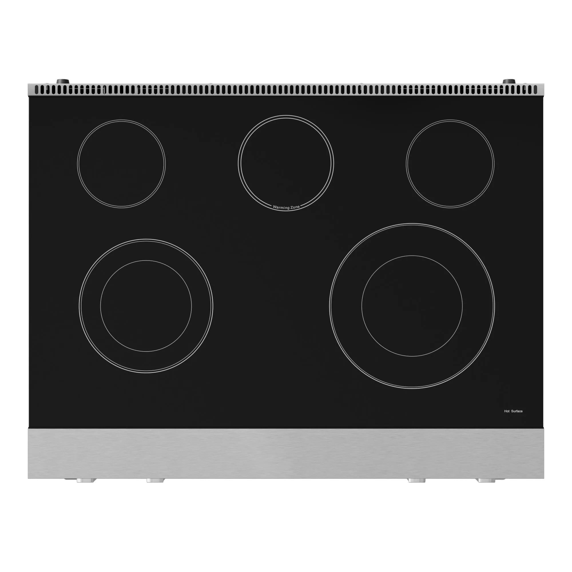Black glass electric cooktop with five burner rings on stainless steel frame