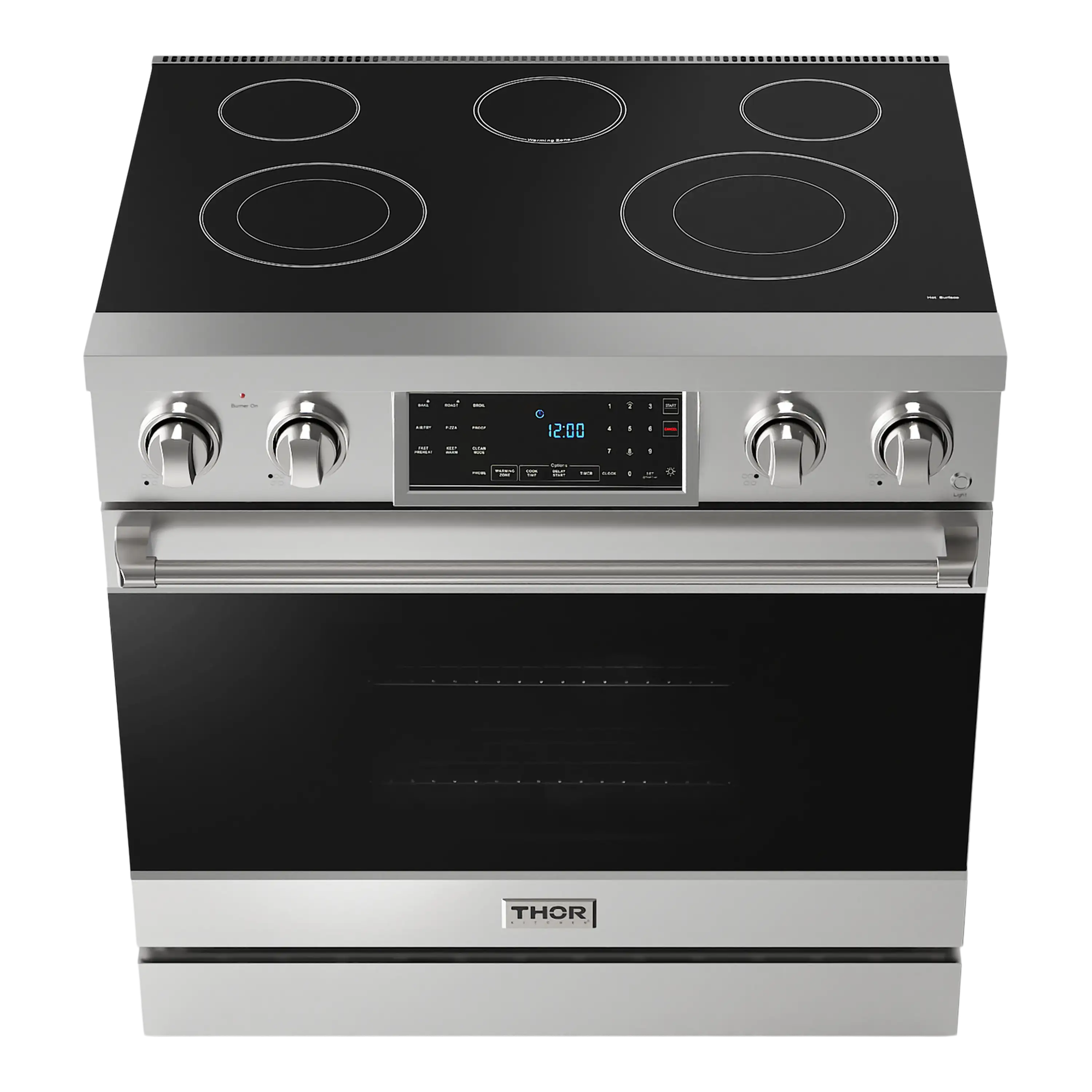 Stainless steel electric cooktop with six radiant burner circles