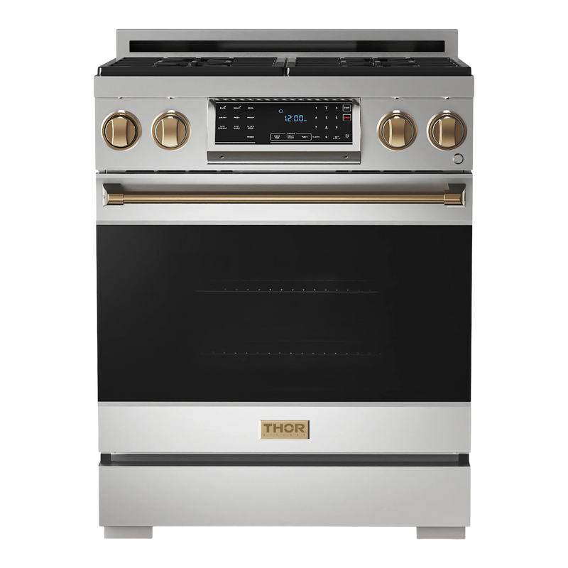 Thor Kitchen Gordon Ramsay 3-Piece Appliance Package - 30-Inch Gas Range with Tilt Panel, Refrigerator, and Dishwasher in Stainless Steel with Bronze Trim