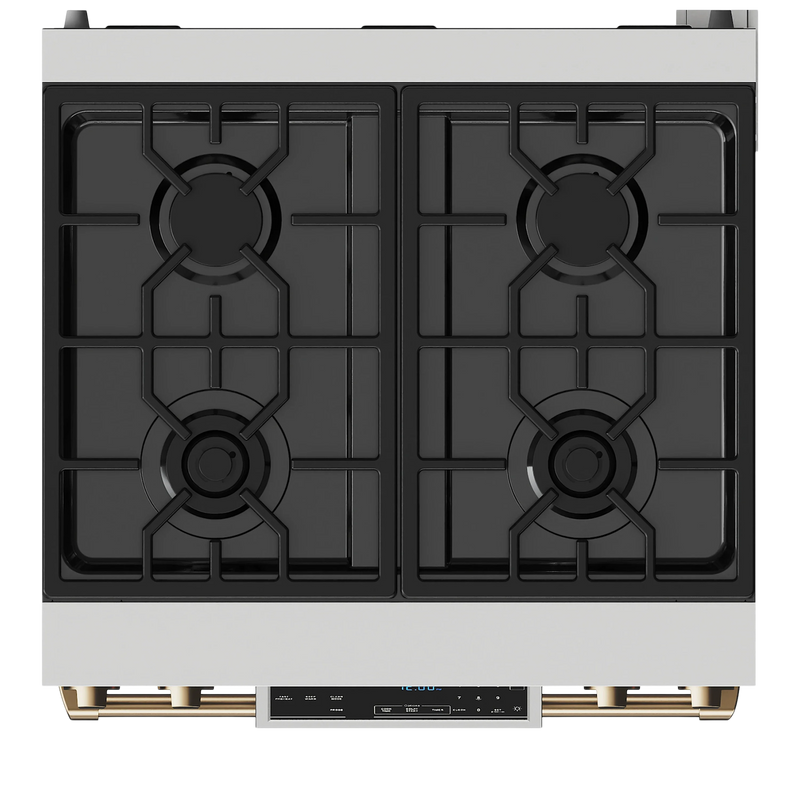 Thor Kitchen Gordon Ramsay 3-Piece Appliance Package - 30-Inch Gas Range with Tilt Panel, Refrigerator, and Dishwasher in Stainless Steel with Bronze Trim