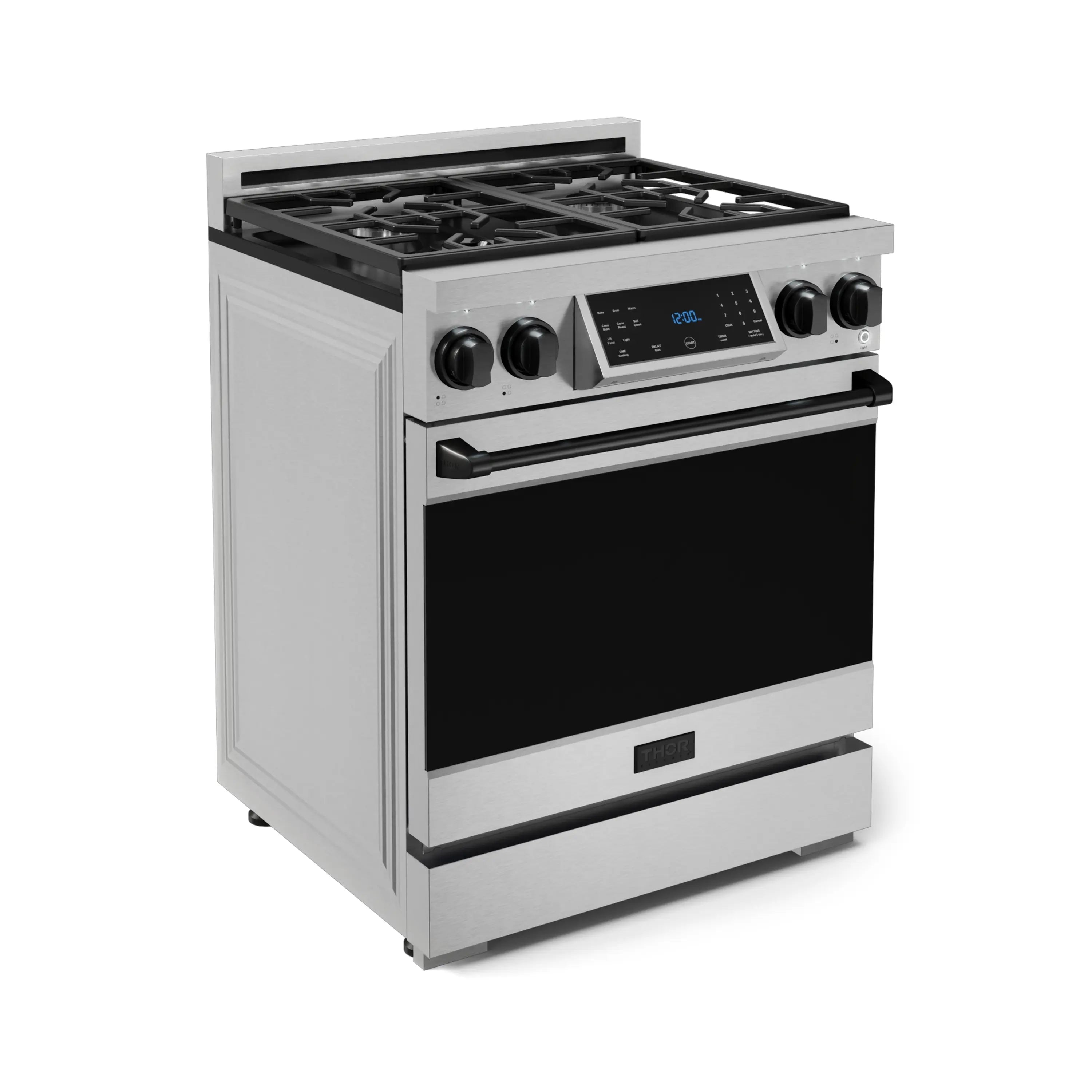 Stainless gas range with black oven door window, knob controls, and burner grates