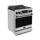 Stainless gas range with black oven door window, knob controls, and burner grates