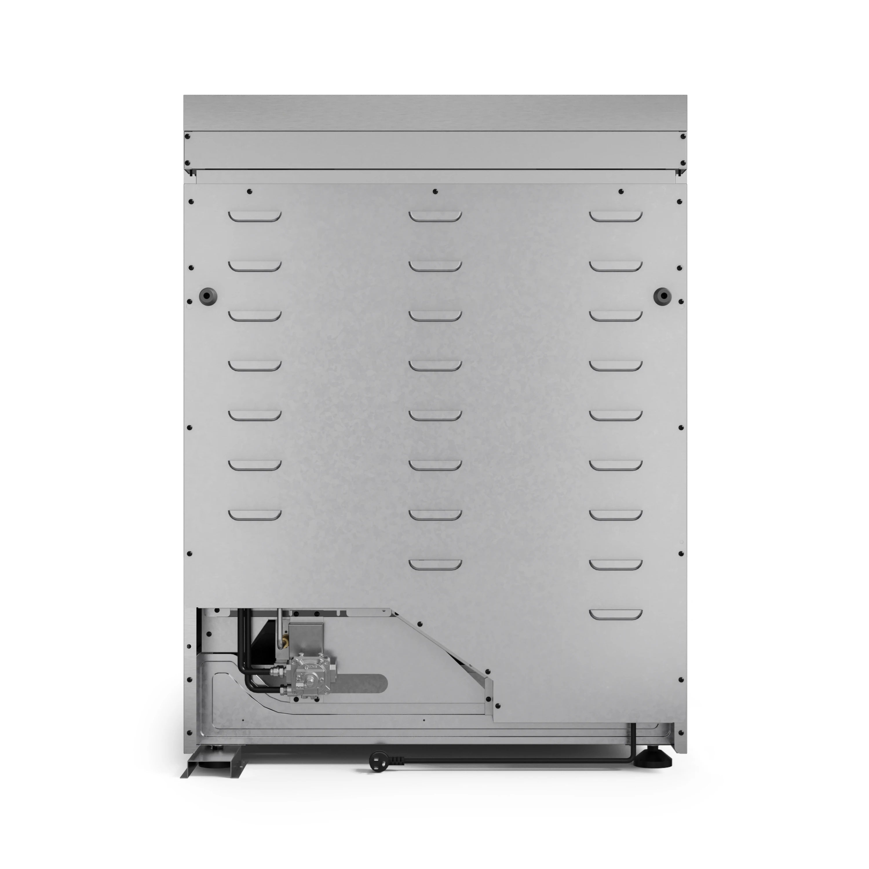 Stainless gas range underside panel with vented openings and wiring connection