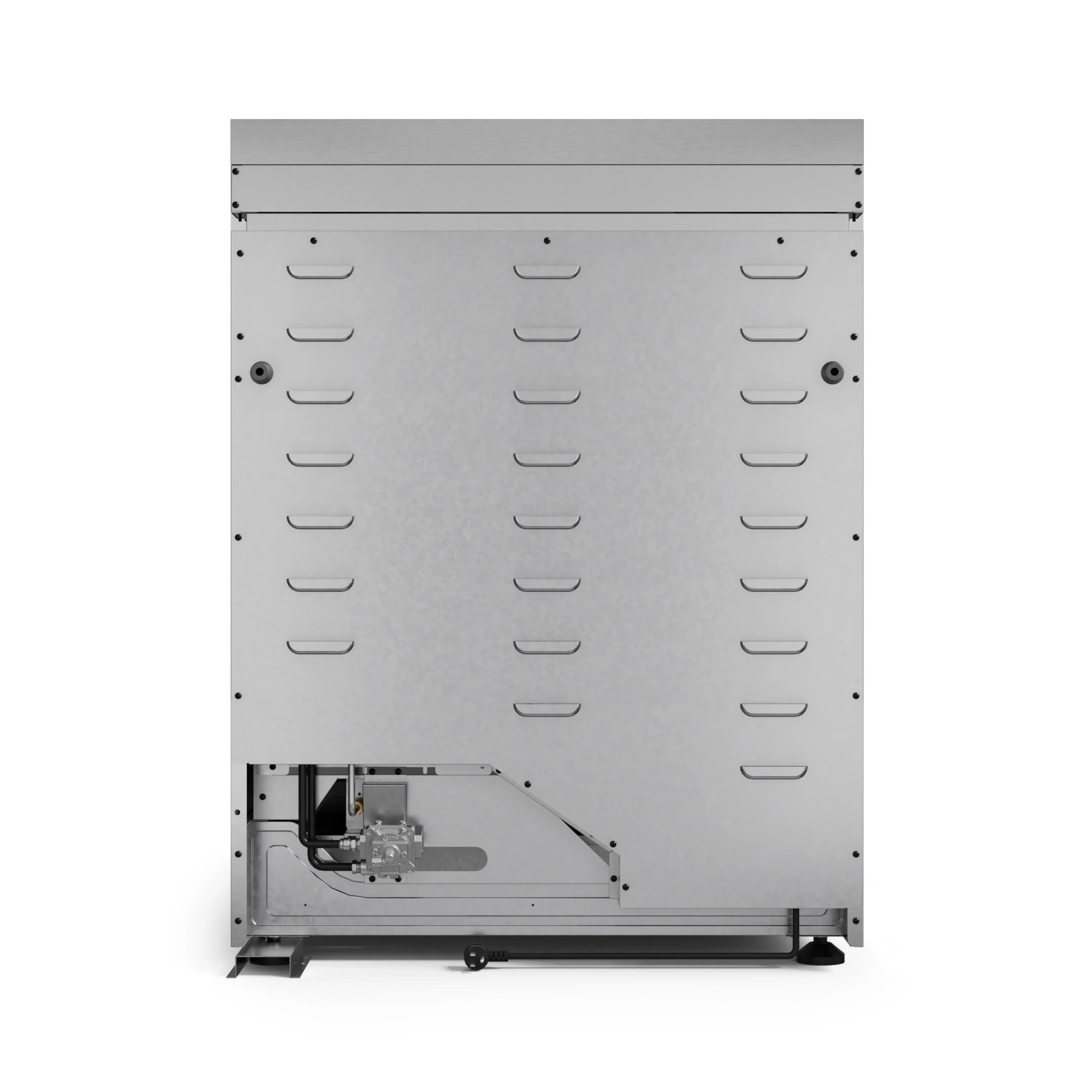 Underside of a gas range with control knobs and burner assembly