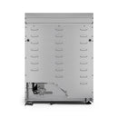 Stainless gas range underside panel with vented openings and wiring connection