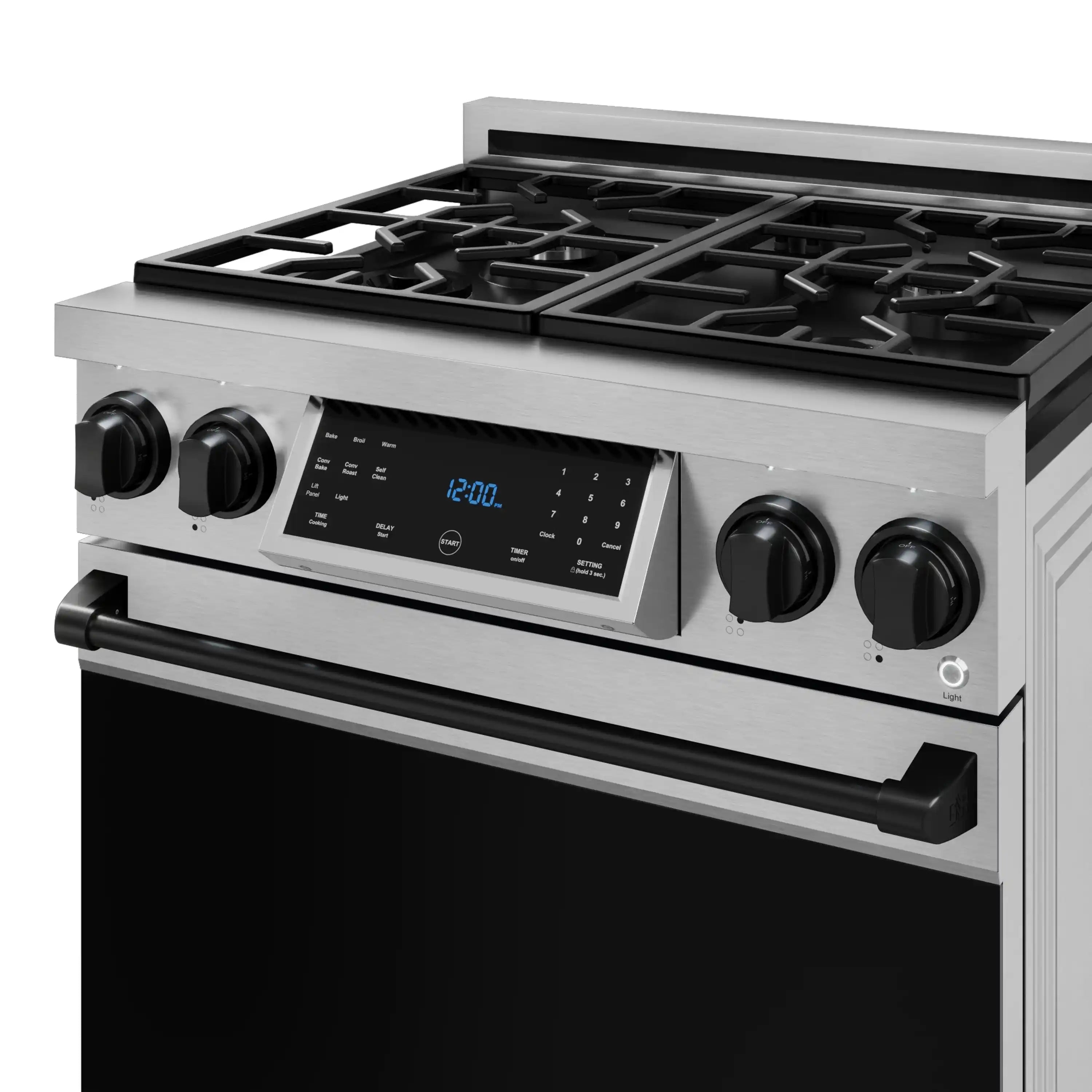 Stainless gas range front with black grates, digital display, and four large control knobs