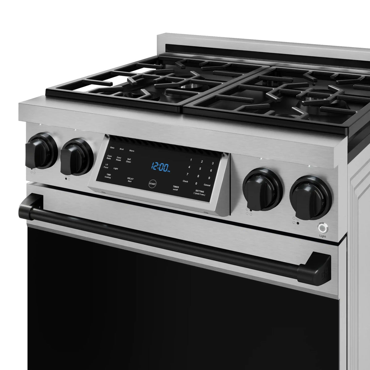 Stainless steel gas range front with black oven door handle and lit control panel