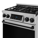 Stainless gas range front with black grates, digital display, and four large control knobs