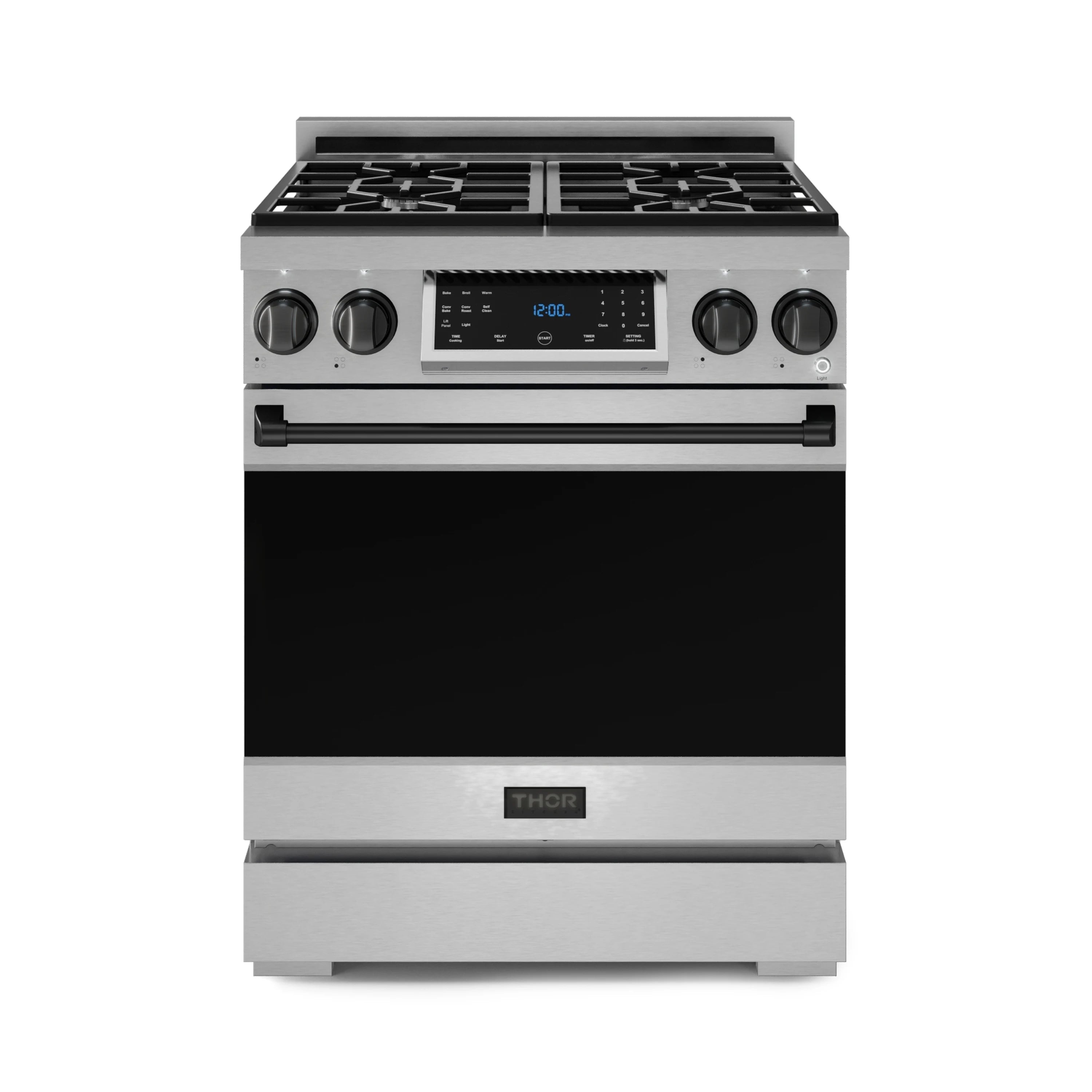 Stainless gas range with black cooktop grates and central control display