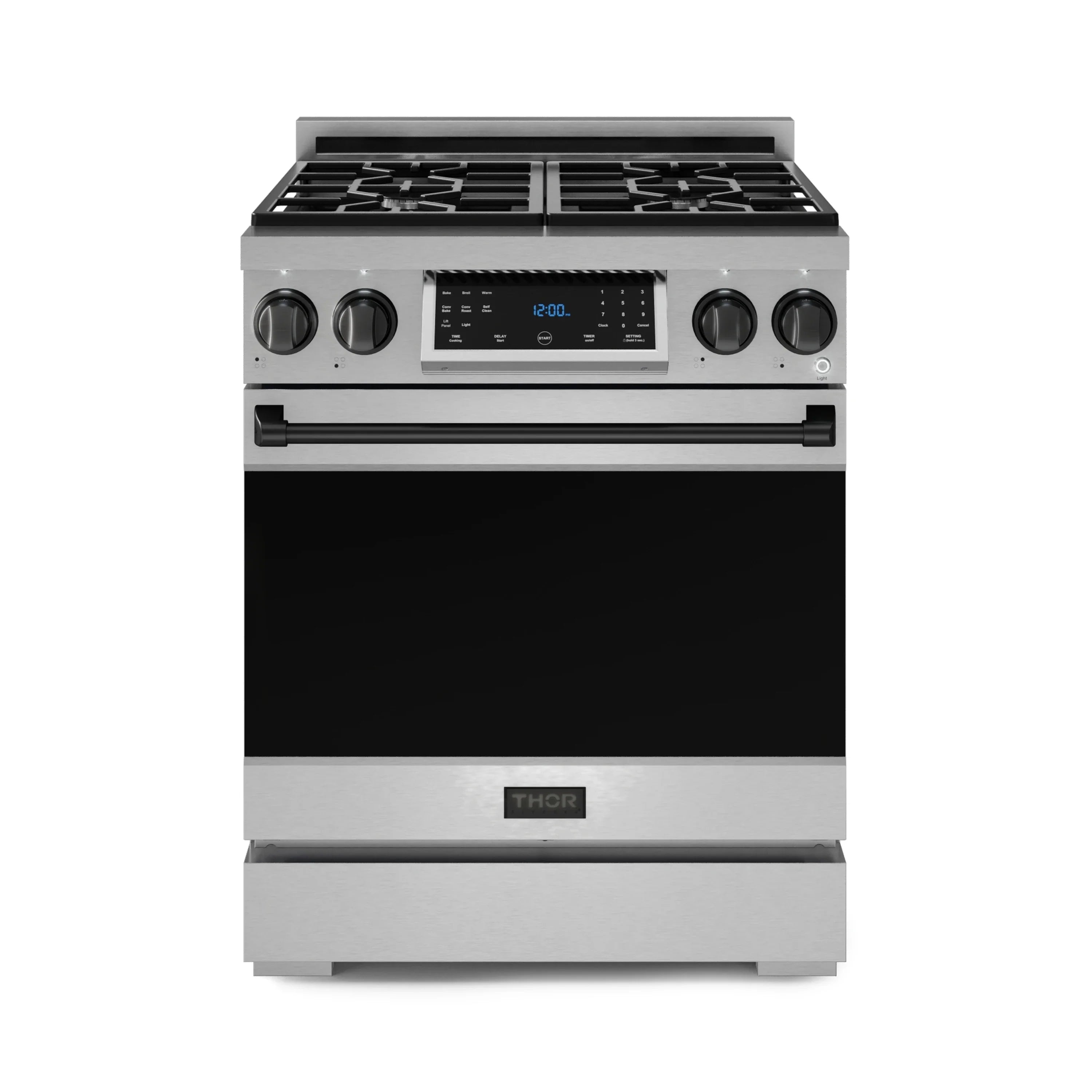 Stainless steel gas range front view with black oven door and four control knobs