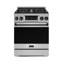 Stainless gas range with black cooktop grates and central control display