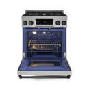 Stainless gas range with open oven door showing racks and blue interior
