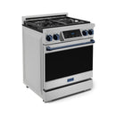 Stainless 30-inch gas range with navy control panel, four burners, and closed oven door.