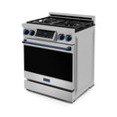 Stainless gas range with navy accents, open oven door, and black cooking cavity.