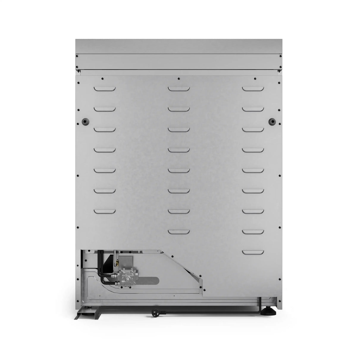 Range rear service panel with vent slots and burner valve assembly