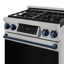 Stainless gas range front-top view with four burners, blue control accents, and knobs.