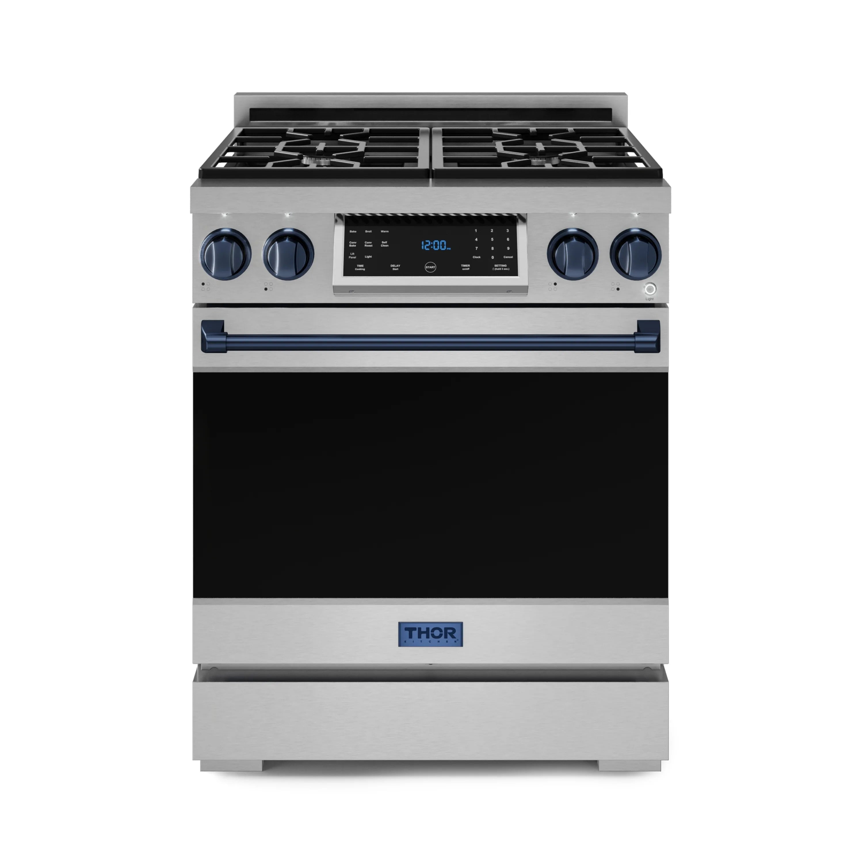 Stainless gas range with four burners, digital display, and navy control trim