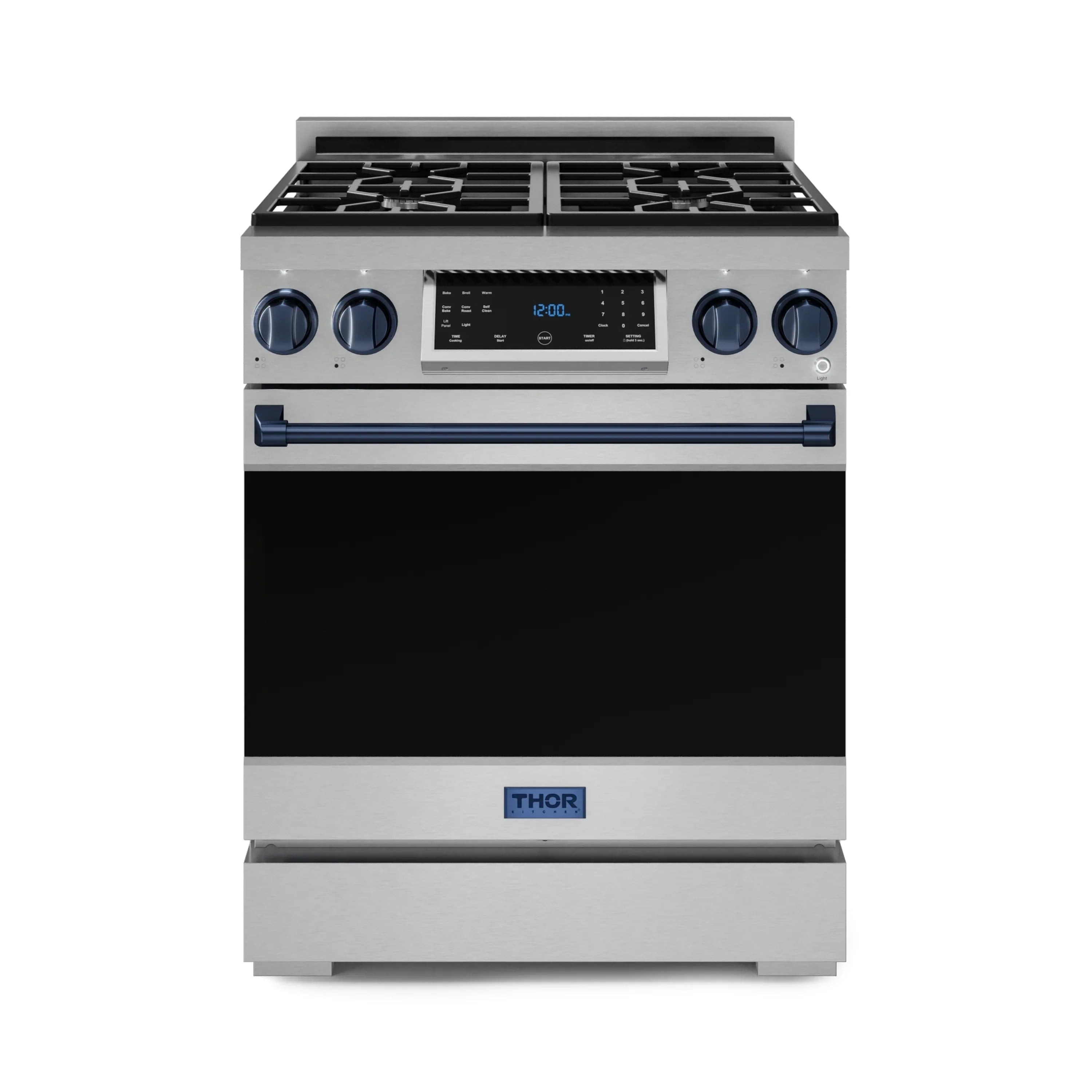 Stainless steel 30-inch gas range with blue trim, front panel and open control display