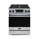 Stainless gas range with four burners, digital display, and navy control trim