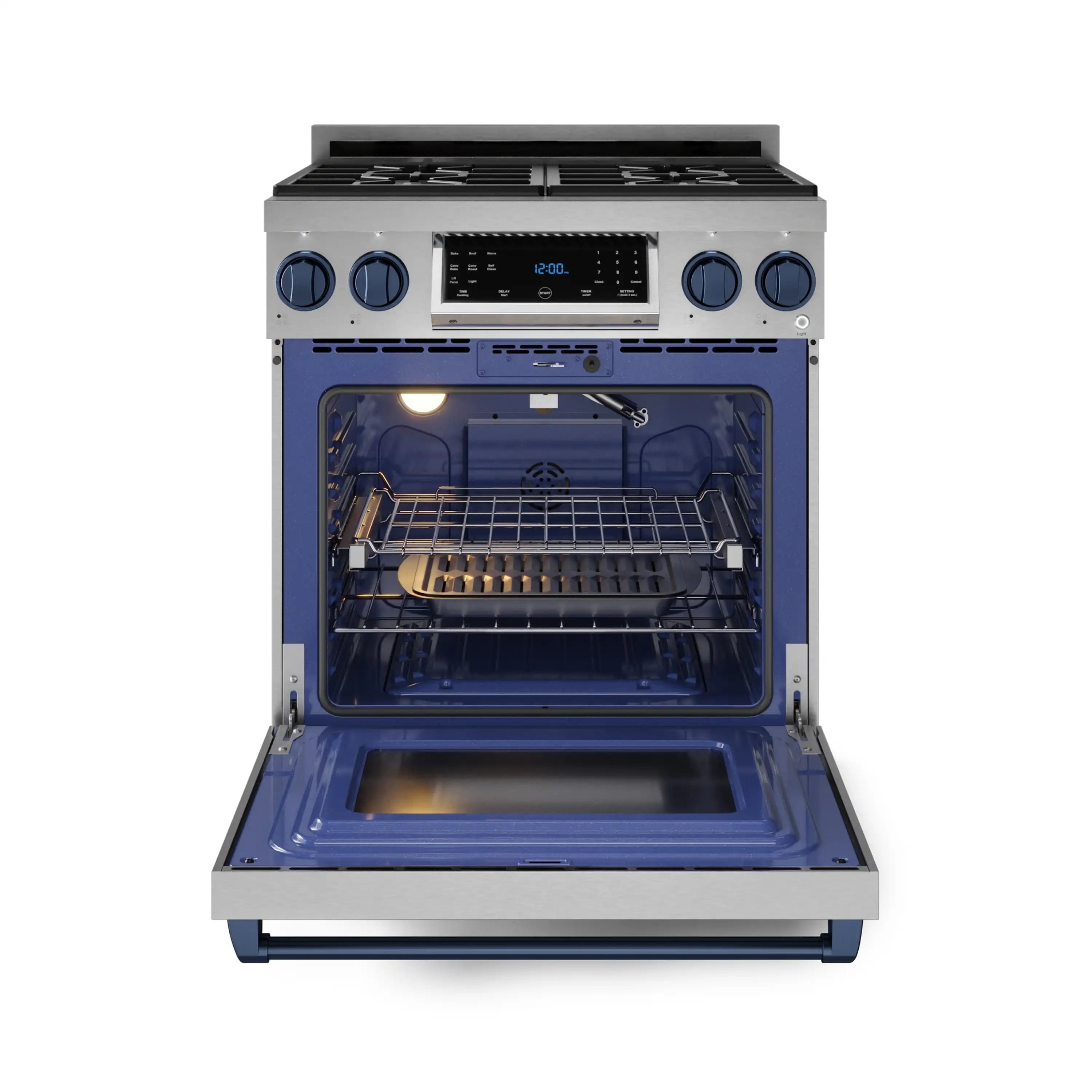 Front view of stainless gas range with open oven door revealing blue interior.