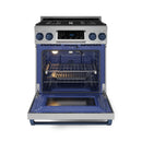 Front view of stainless gas range with open oven door revealing blue interior.