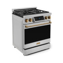 Stainless steel gas range with bronze knobs, tilt touch control, and black oven door