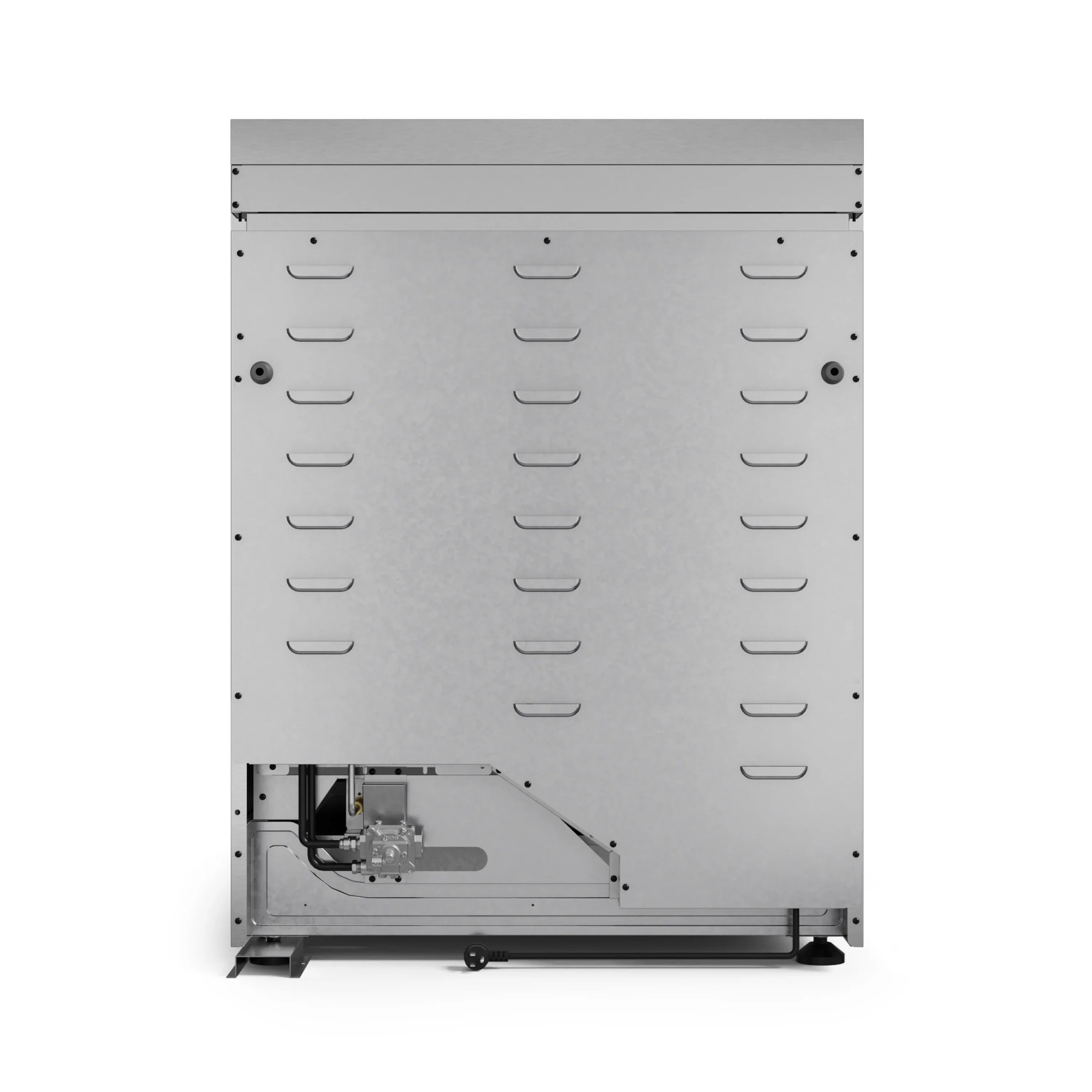 Stainless steel appliance rear panel with vent slots and control openings