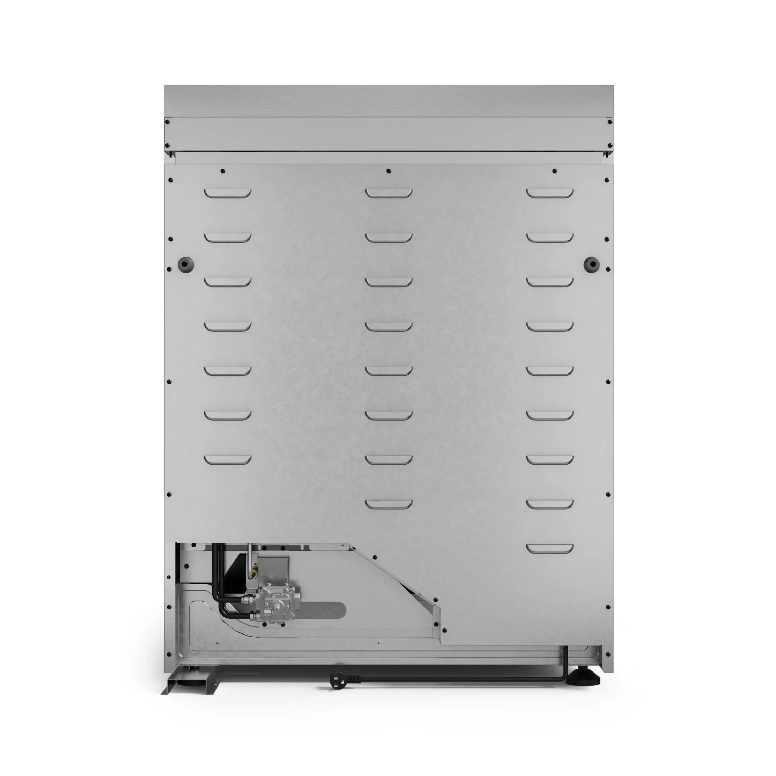 Stainless steel propane range back panel with vented grate area