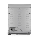 Stainless steel open oven back panel with mounted vent and control components
