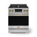 Stainless steel gas range with bronze control knobs, tilt touch display, and storage drawer.