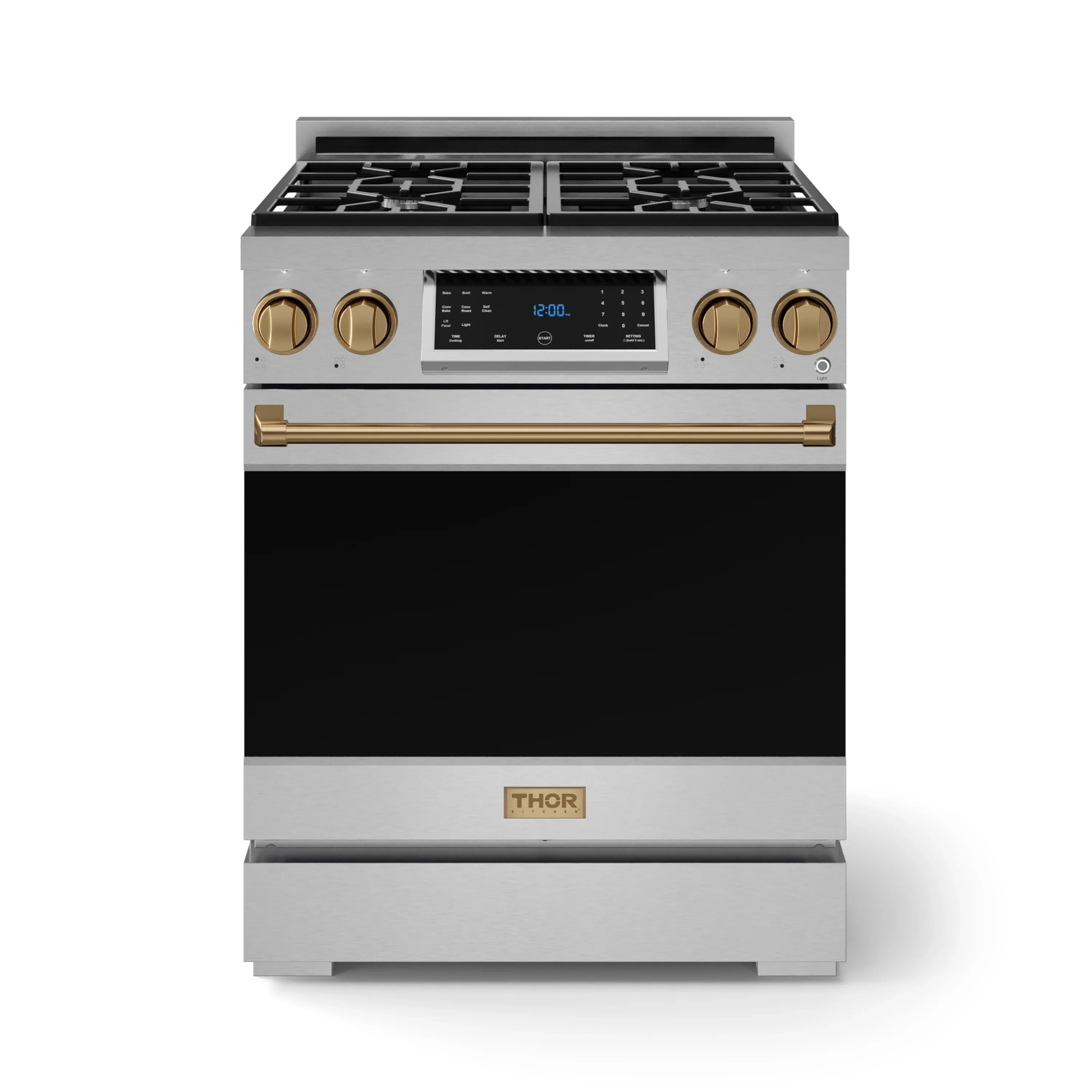 Stainless steel gas range front view with bronze knobs, black cooktop, digital display