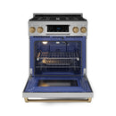 Stainless steel gas range with bronze trim, oven door open to show interior racks.